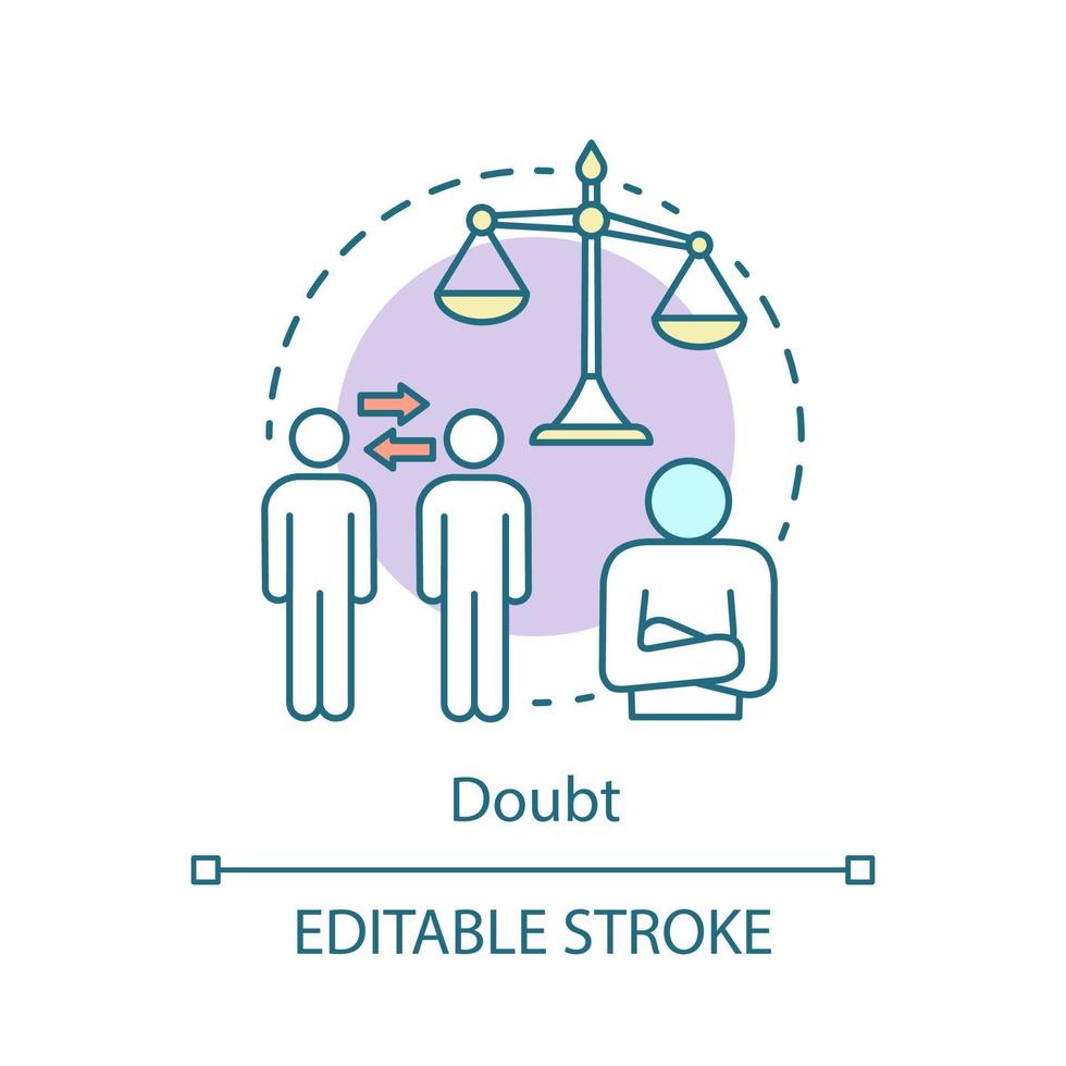 Doubt concept icon. Choice idea thin line illustration. Unsure person. Doubtful information. Lack of confidence. Risk uncertainty. Indecisive man. Vector isolated outline drawing. Editable stroke