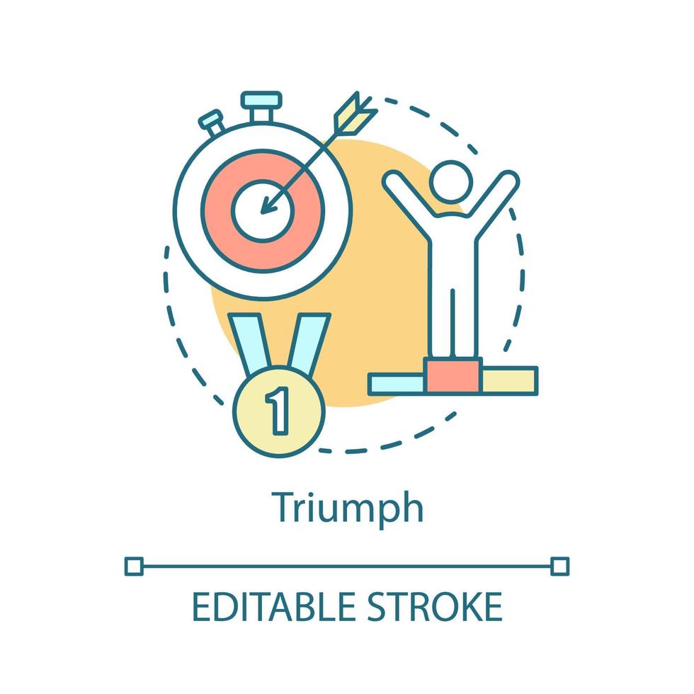 Triumph concept icon. Victory idea thin line illustration. Success goal achievement. Gold medal. First place. Sport competition winning. Vector isolated outline drawing. Editable stroke