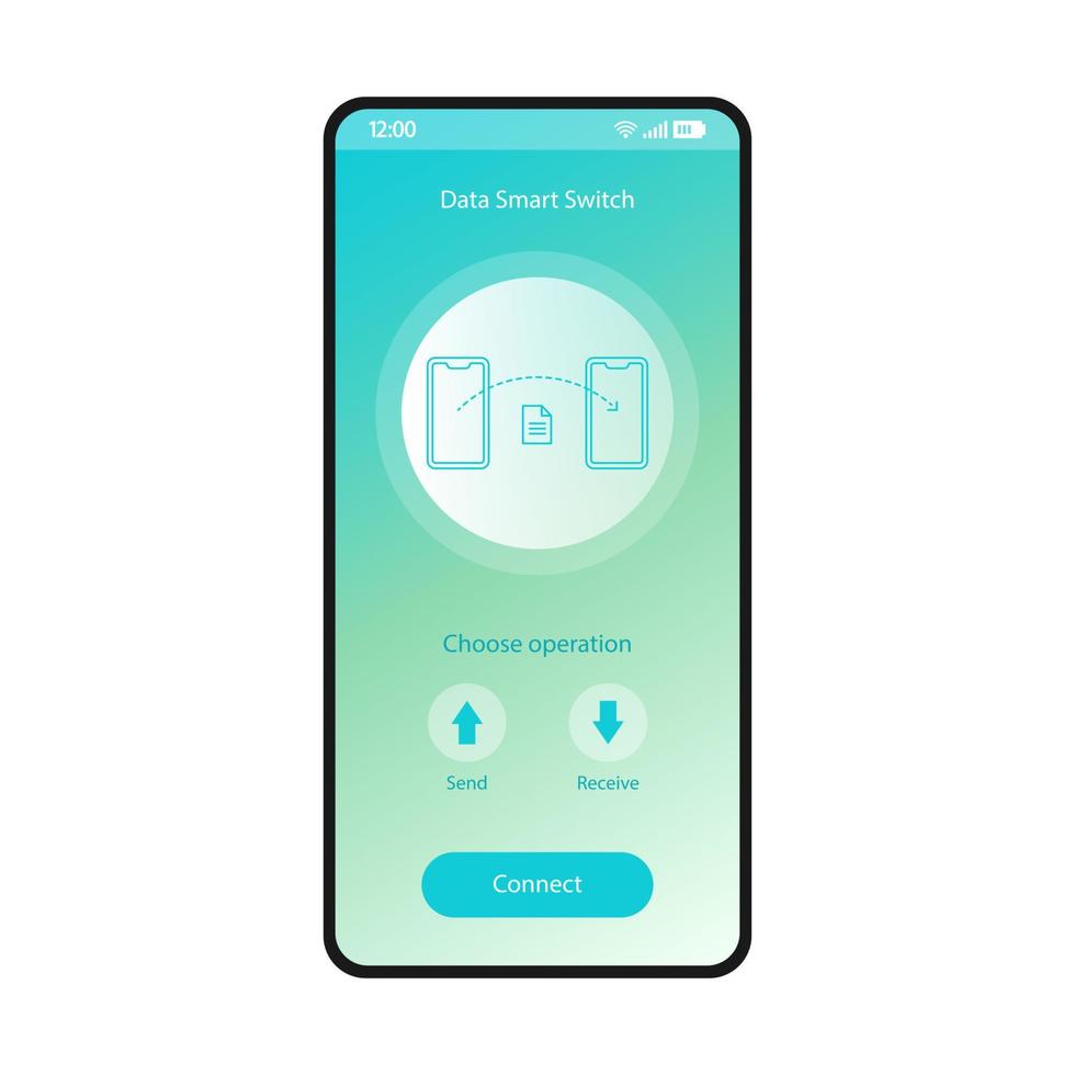 Data smart switch app mobile interface vector template. Smartphone page blue design layout. Phones synchronization application screen. Files transfer, recovery flat gradient UI. Connect button display