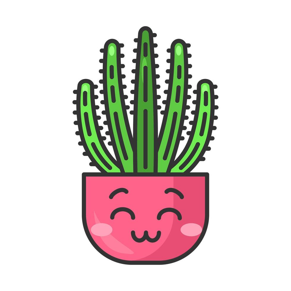 Organ pipe cactus cute kawaii vector character. Pitahaya with smiling face. Home cacti with smiling eyes. Flushed tropical plant in pot. Funny emoji, emoticon. Isolated cartoon color illustration