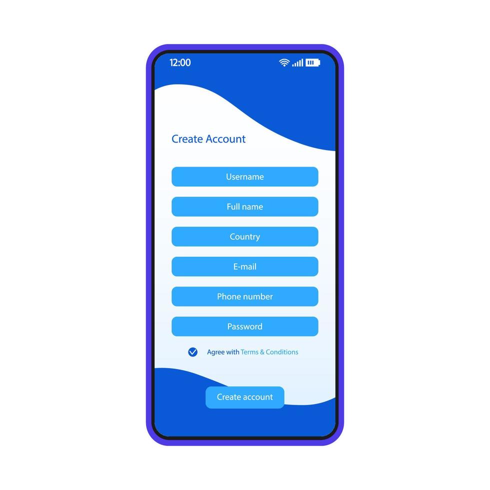Create account smartphone interface vector template. Mobile login page blue design layout. Sign up required fields. Register form screen. Flat UI for application. New user registration. Phone display
