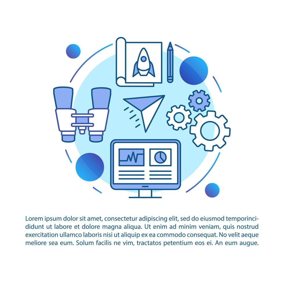 Pilot project article page vector template. Startup. Prototype launch. Brochure, magazine, booklet design element with linear icons and text boxes. Print design. Concept illustrations with text space