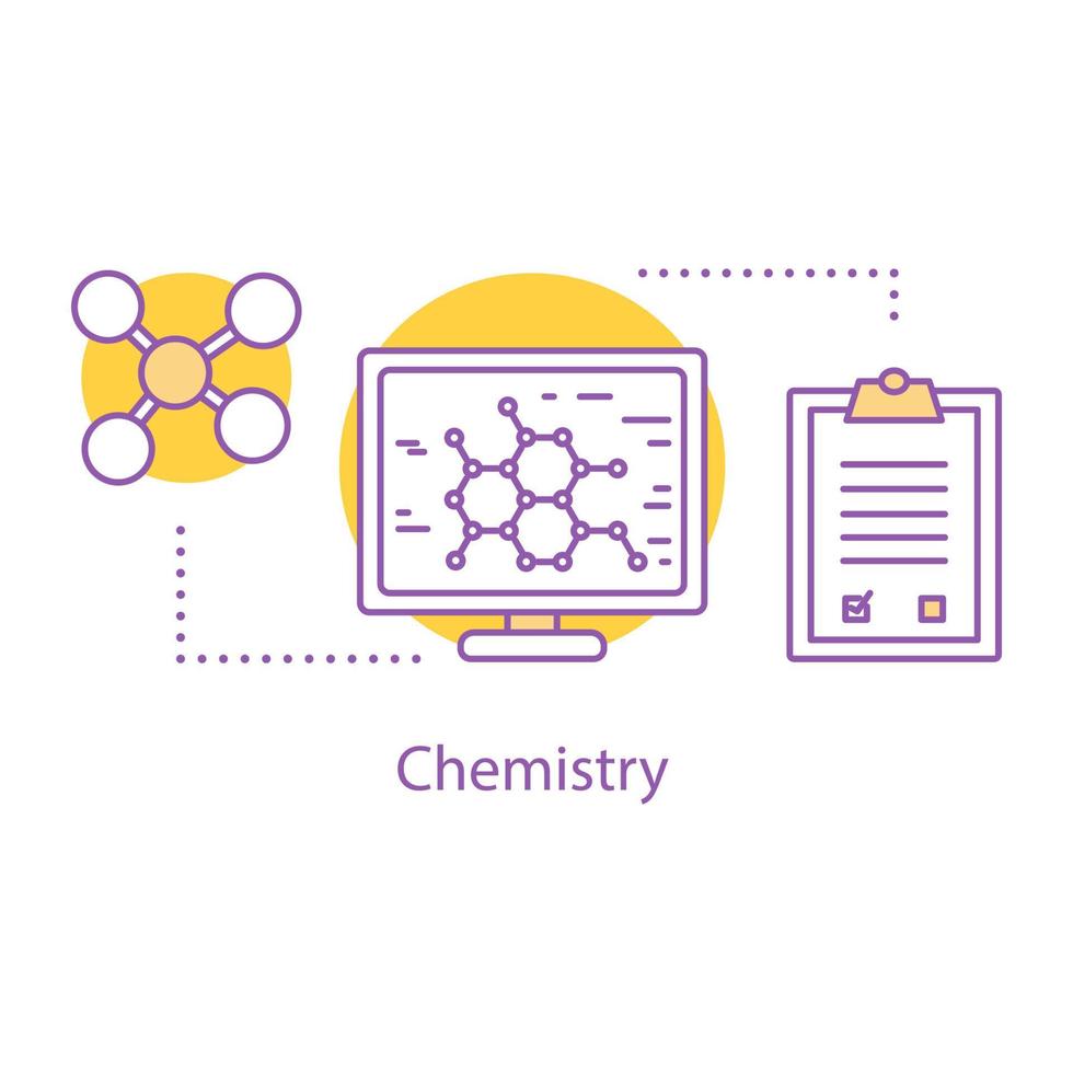 Chemistry concept icon. Chemical research idea thin line illustration. Laboratory equipment. Molecular structure search. Computer diagnostics. Scientific lab. Vector isolated outline drawing