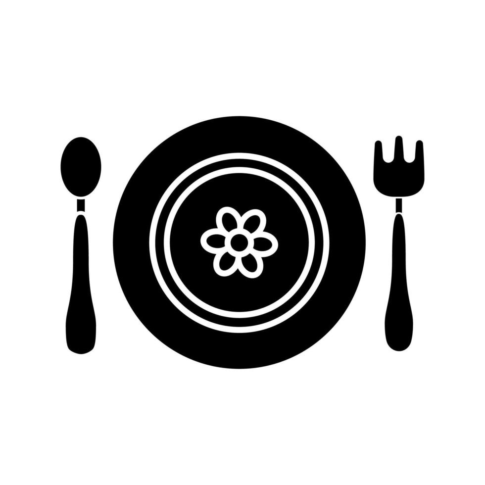 Baby plate with spoon and fork glyph icon. Silhouette symbol. Negative space. Baby dishes with flower. Vector isolated illustration