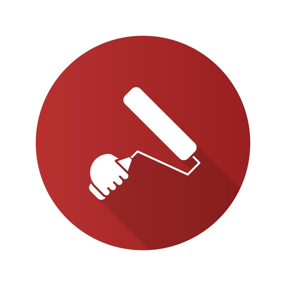 Hand holding paint roller flat linear long shadow icon. Painting, dyeing. Vector outline symbol