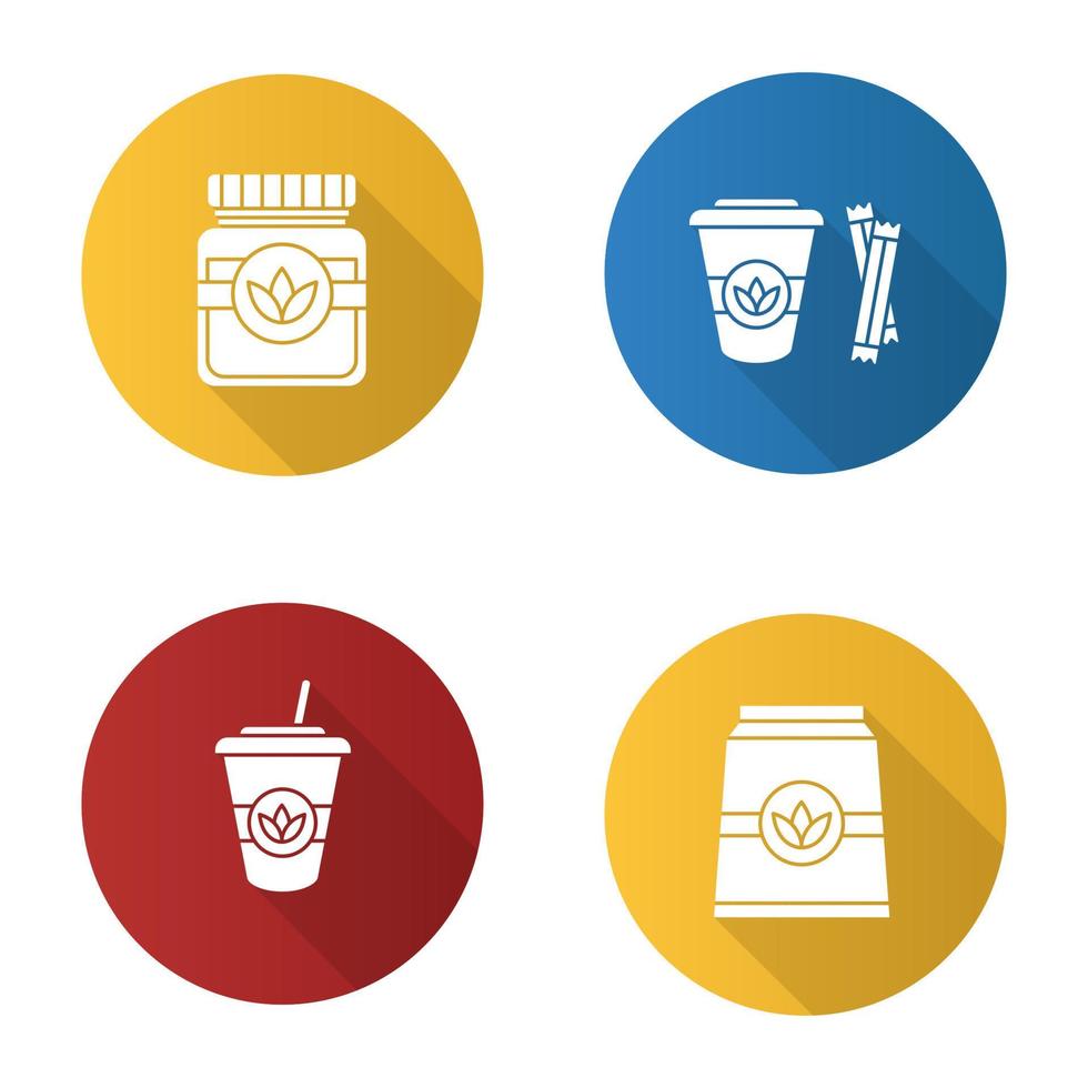 conjunto de iconos de glifo de sombra larga de diseño plano de bebidas de té. hierbas y cócteles de desintoxicación. ilustración de silueta vectorial vector
