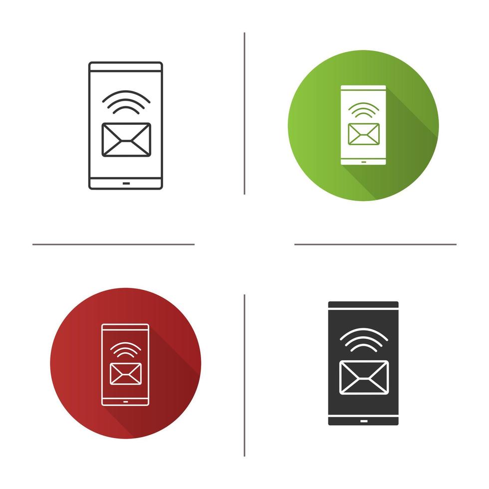 Smartphone incoming message icon. SMS. Mobile phone display with envelope. Flat design, linear and glyph styles. Isolated vector illustrations