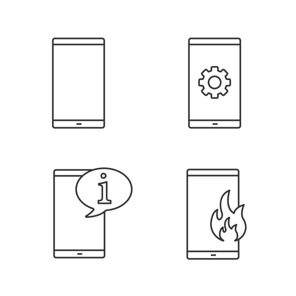 conjunto de iconos lineales de comunicación telefónica. teléfono inteligente, configuración del teléfono celular, chat de información, llamadas de emergencia contra incendios. símbolos de contorno de línea delgada. Ilustraciones de vectores aislados