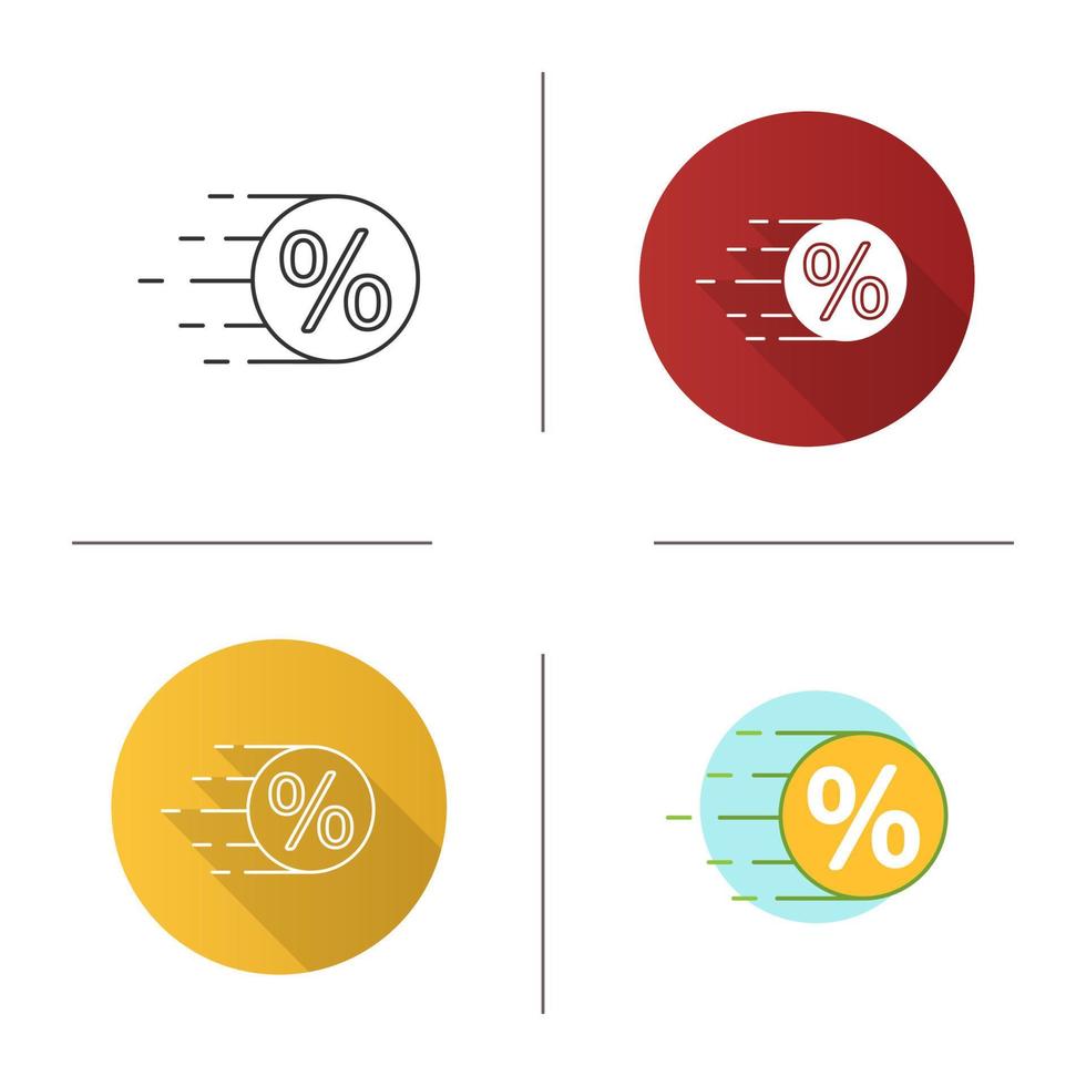 Flying coin with percent icon. Sale. Discount offer. Flat design, linear and color styles. Isolated vector illustrations