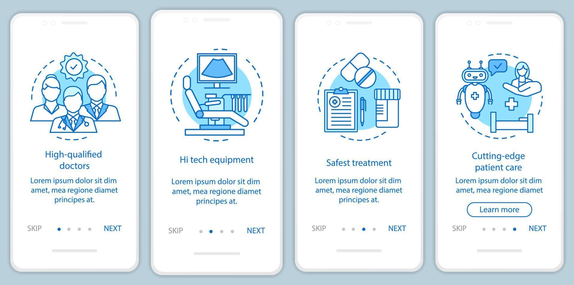 Medical service benefits onboarding mobile app page screen vector template. High quality health care. Walkthrough website steps with linear illustrations. UX, UI, GUI smartphone interface concept