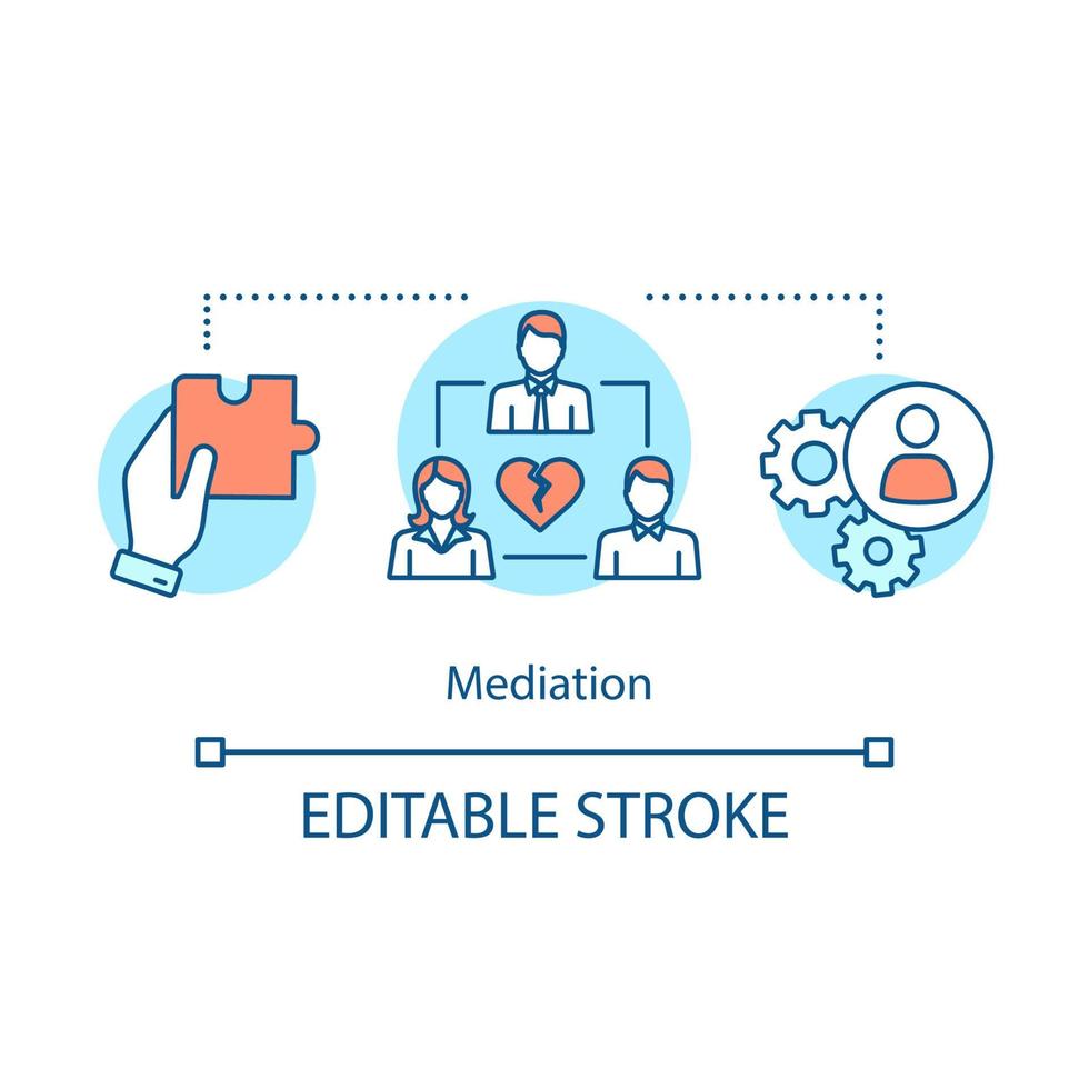 Mediation concept icon. Dispute resolution idea thin line illustration. Coworking. Divorce mediating. Separation agreement. Assisted negotiation. Vector isolated outline drawing. Editable stroke