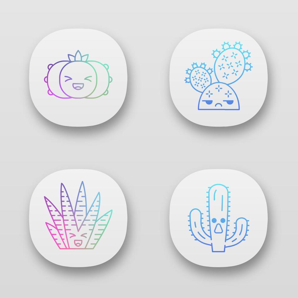 Cactuses app icons set. Plants with smiling faces. Laughing peyote and zebra cactuses. Unamused prickly pear wild cacti. UI UX user interface. Web or mobile applications. Vector isolated illustrations