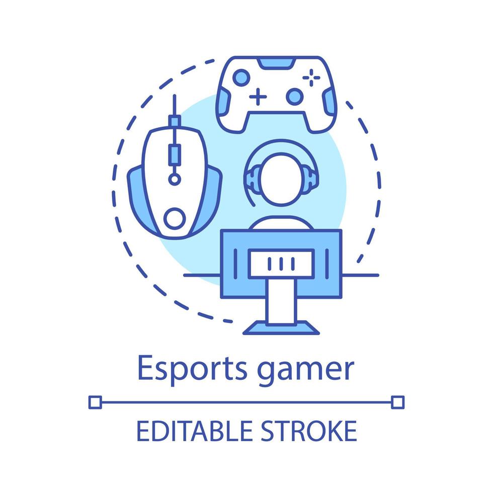 icono de concepto de jugador de esports. equipo de juego, medio ambiente. accesorios deportivos. dispositivos de videojuegos. ilustración de línea delgada de idea de jugador de juego. dibujo de contorno aislado vectorial. trazo editable vector