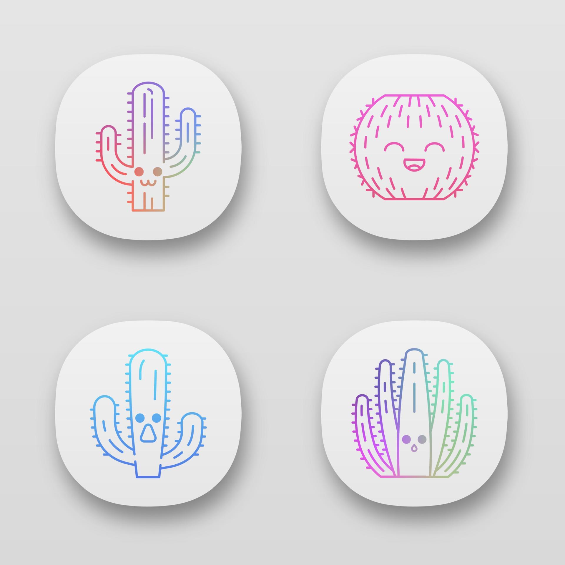 Cactuses app icons set. Plants with smiling faces. Laughing barrel