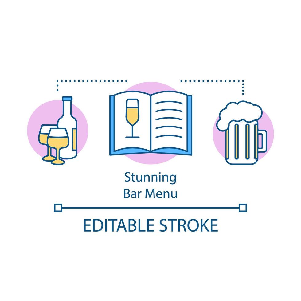 impresionante icono de concepto de menú de barra. mapa de bebidas alcohólicas. Industria del catering. Libro de recetas de cócteles. bistró, pub, salón. barra menú idea línea delgada ilustración. dibujo de contorno aislado vectorial. trazo editable vector