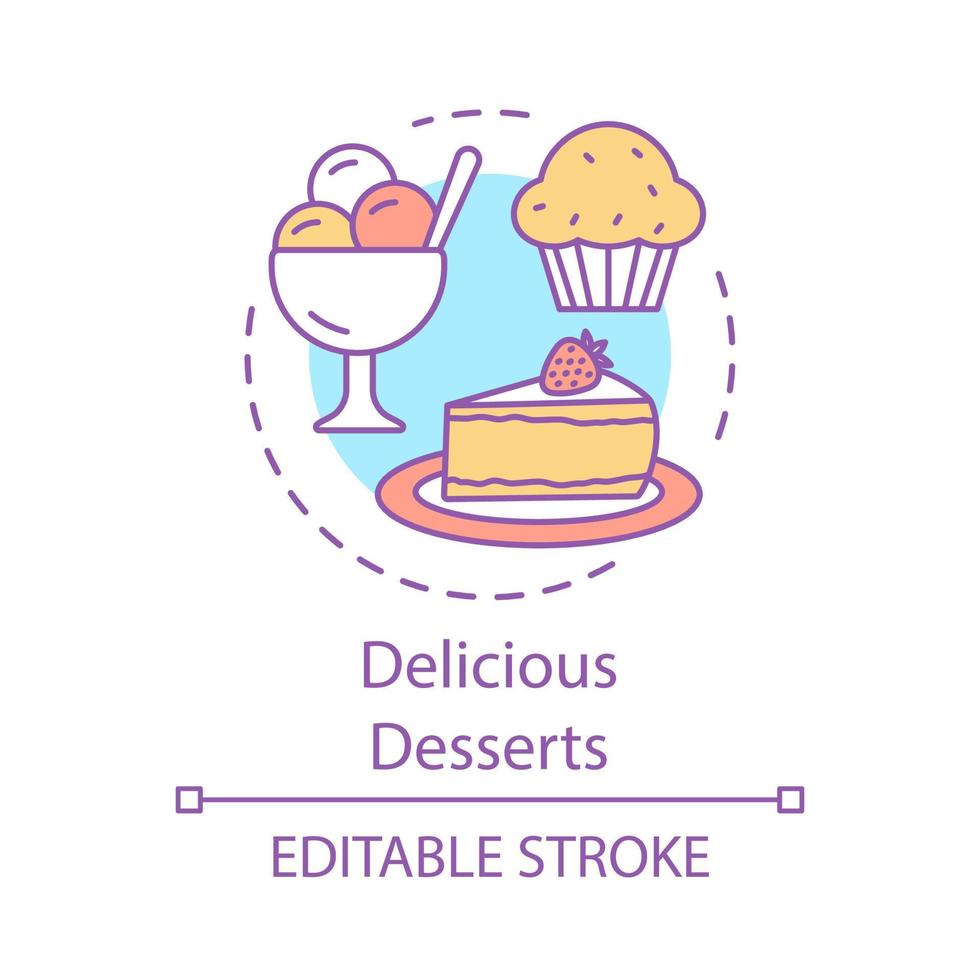 Delicious desserts concept icon. Sweets shop. Pastry, confectionery. Cake, cupcake, ice cream. Sweet treat menu. Candy bar idea thin line illustration. Vector isolated outline drawing. Editable stroke