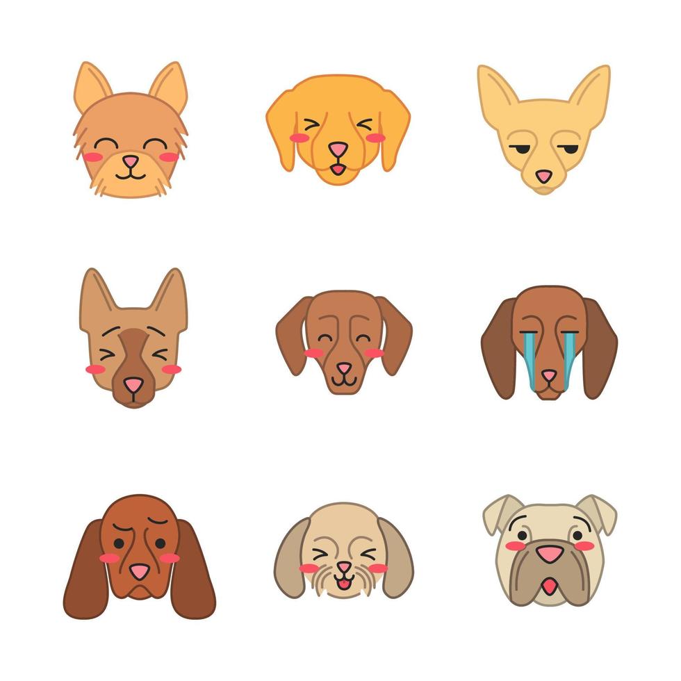 Dogs cute kawaii vector characters. Animals with smiling muzzles. Unamused Chihuahua. Laughing Shih Tzu. Squinting Labrador. Funny emoji, stickers, emoticon set. Isolated cartoon color illustration