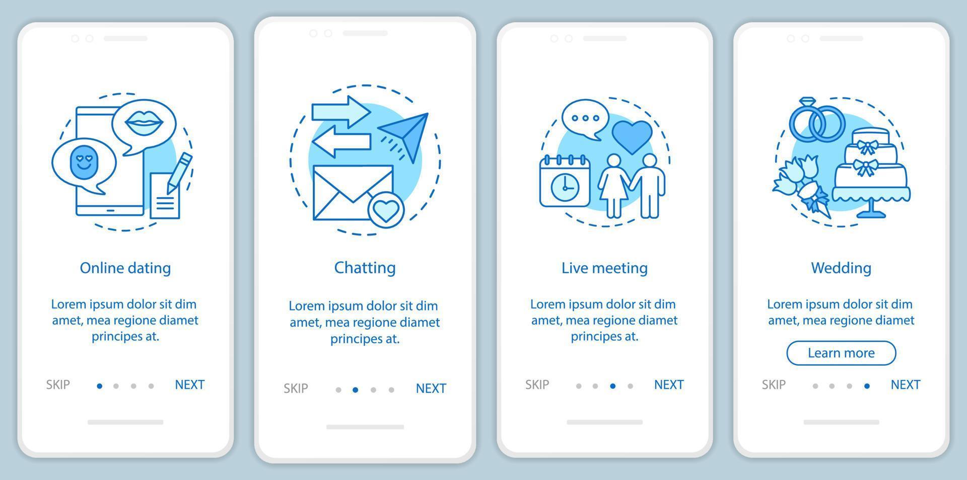 plantilla de vector de pantalla de página de aplicación móvil de incorporación de citas en línea. chat, reunión en vivo, instrucciones del sitio web de la boda con ilustraciones lineales. casamentero. ux, ui, concepto de interfaz de teléfono inteligente gui