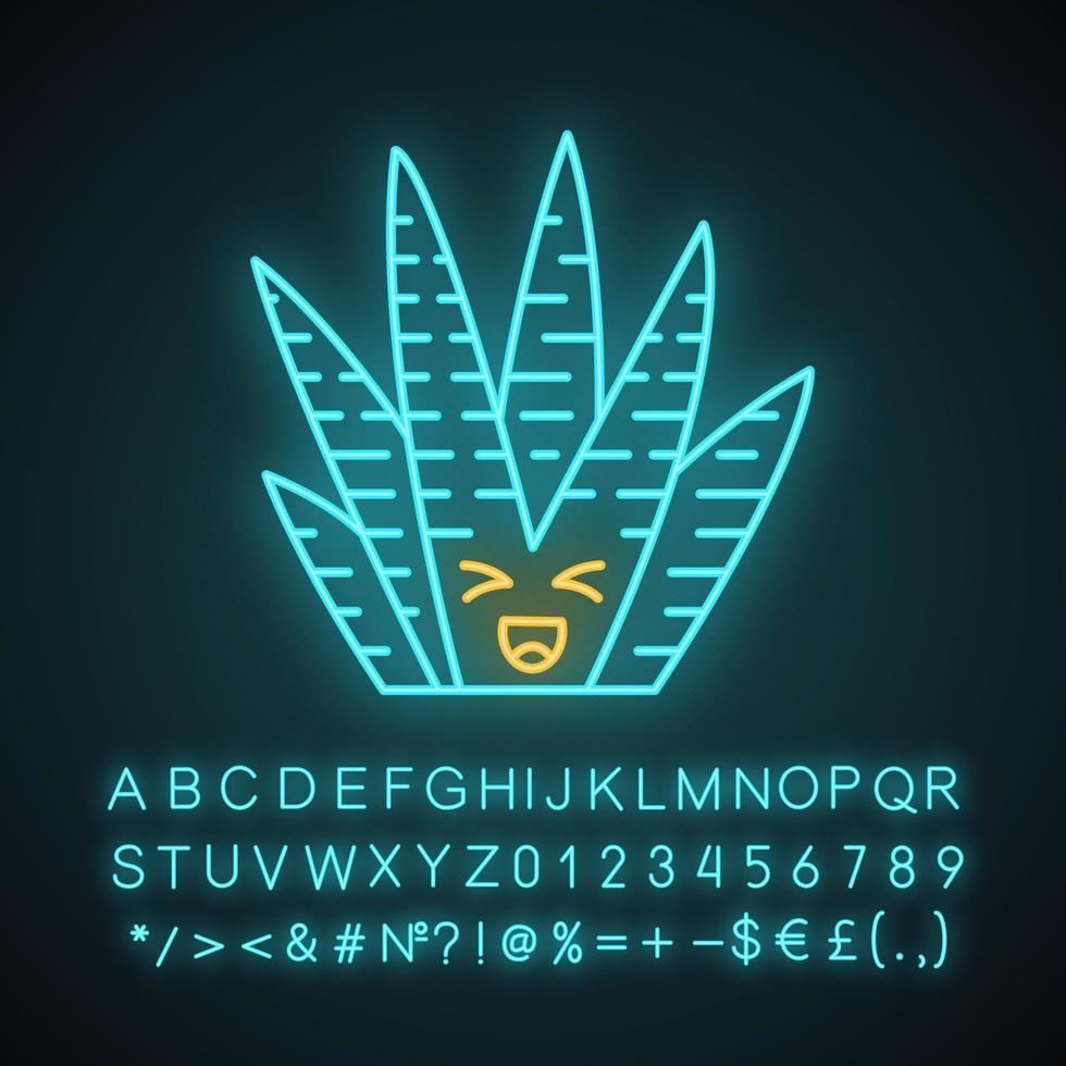 Zebra cactus cute kawaii neon light character. Cacti with laughing face. Haworthia. Plant with squinting eyes. Funny emoji, emoticon. Glowing icon with alphabet, symbols. Vector isolated illustration