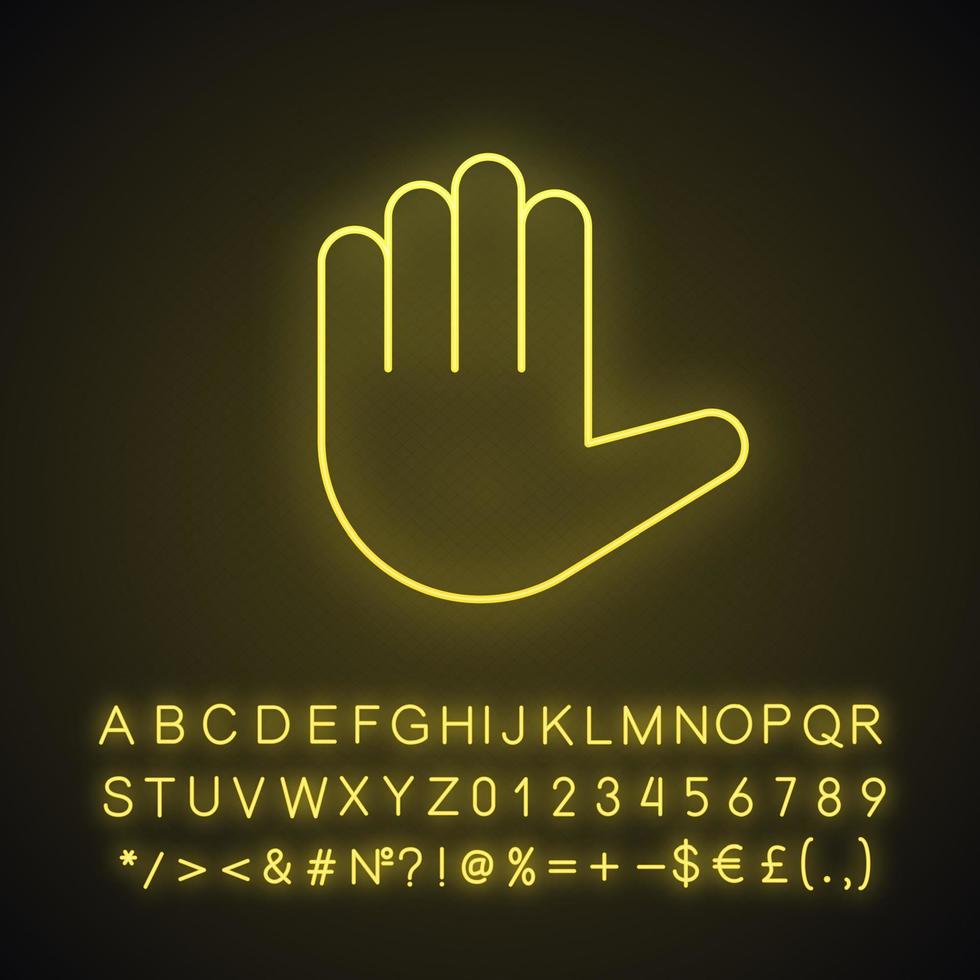 Raised hand emoji neon light icon. High five. Stop hand gesture. Palm. Counting five. Glowing sign with alphabet, numbers and symbols. Vector isolated illustration
