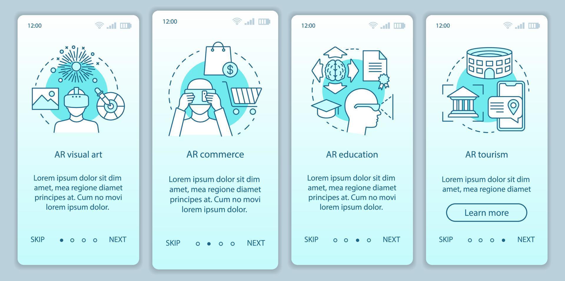 Augmented reality applying onboarding mobile app page screen with concepts. AR visual art, commerce, training, tourism walkthrough steps graphic instructions. UX, UI, GUI vector template