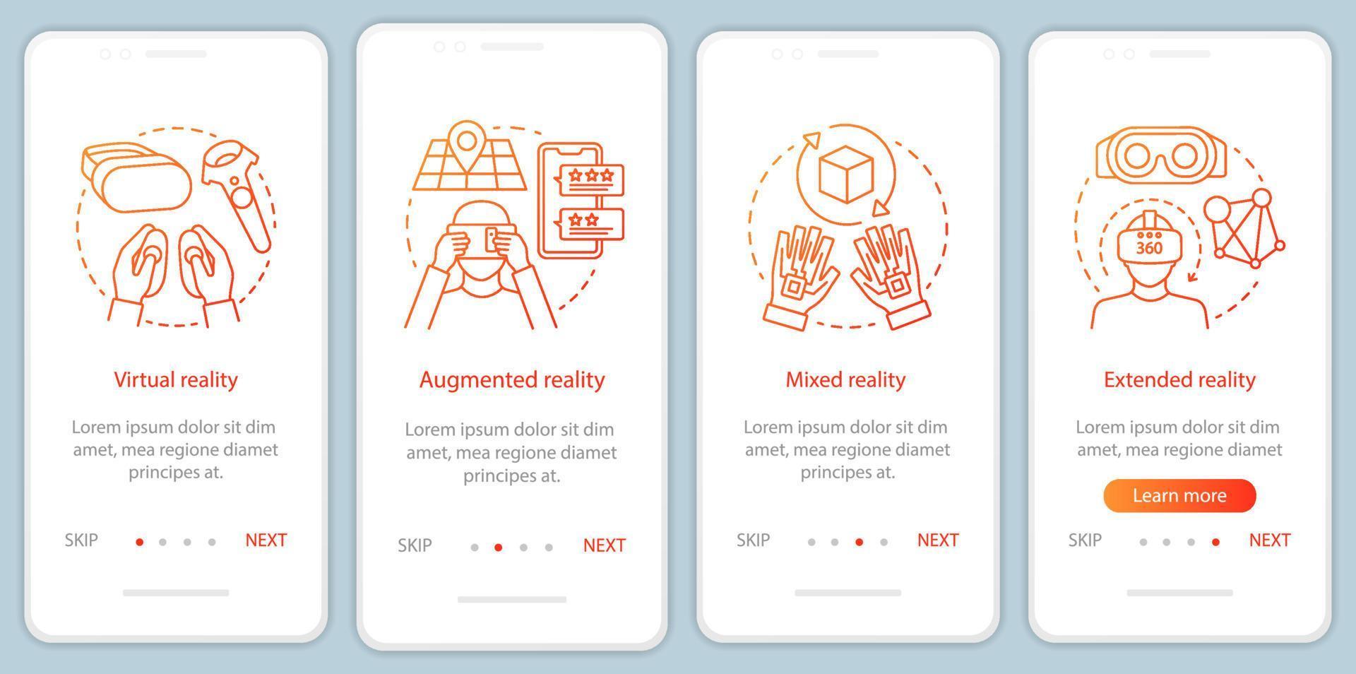 Extended reality onboarding mobile app page screen with linear concept. Virtual, augmented, mixed realities walkthrough steps graphic instructions. UX, UI, GUI vector template with illustrations