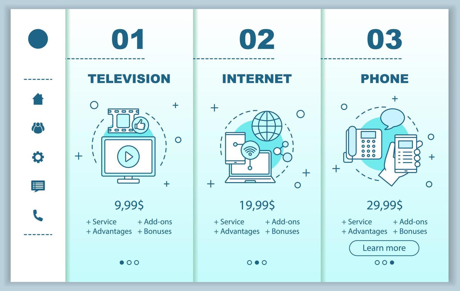 Cable TV, internet, phone bundle onboarding mobile app screens with prices. Walkthrough website pages templates. Communication services providers tariff plans steps. Smartphone payment web page layout vector