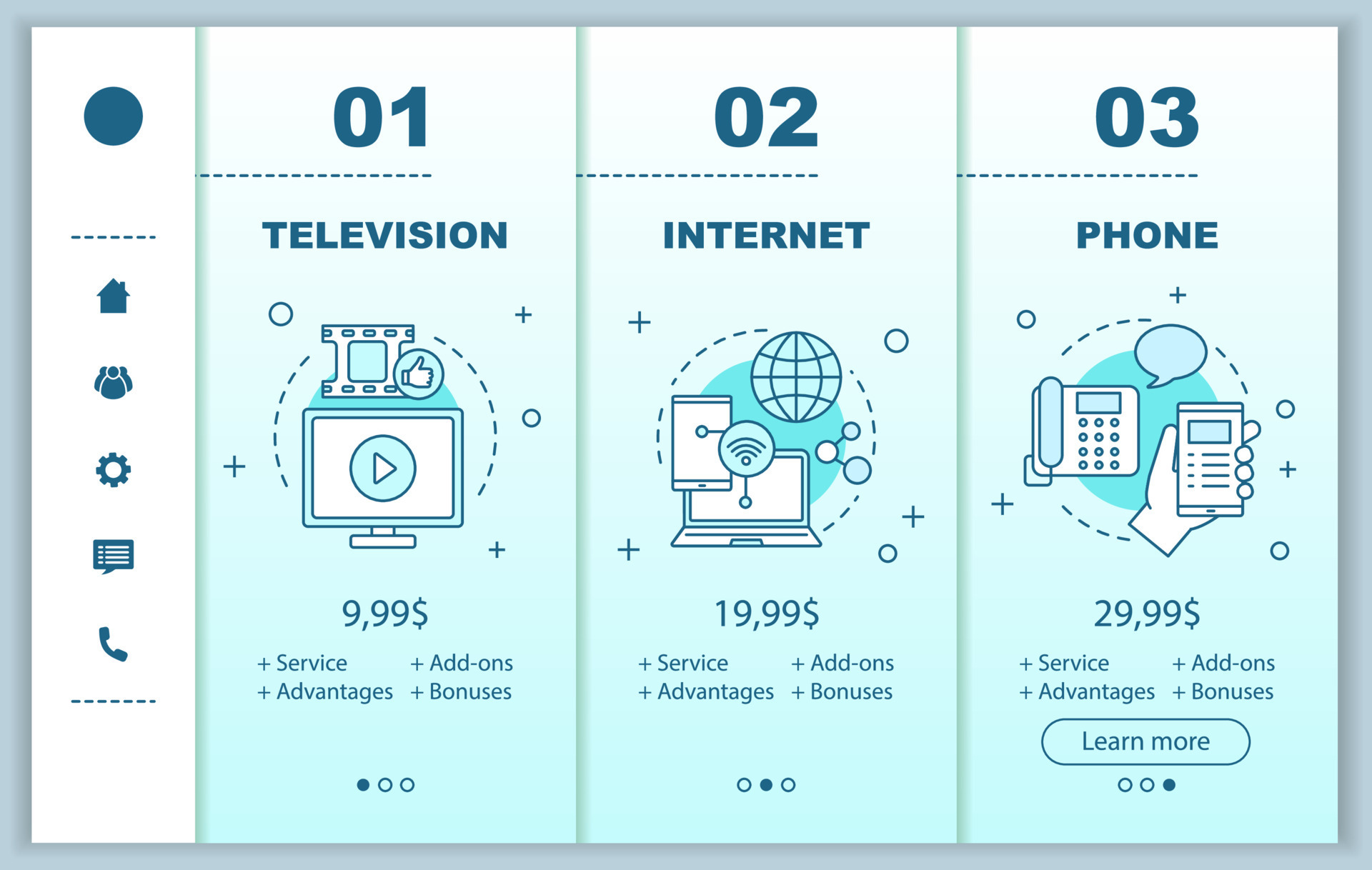 Cable TV, phone bundle onboarding mobile app screens with
