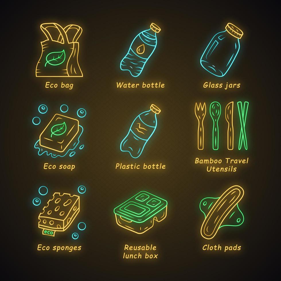 Zero waste swaps handmade neon light icons set. Environmentally friendly products. Recycling materials. Reusable lunch box, eco sponges, plastic bottle. Glowing signs. Vector isolated illustrations