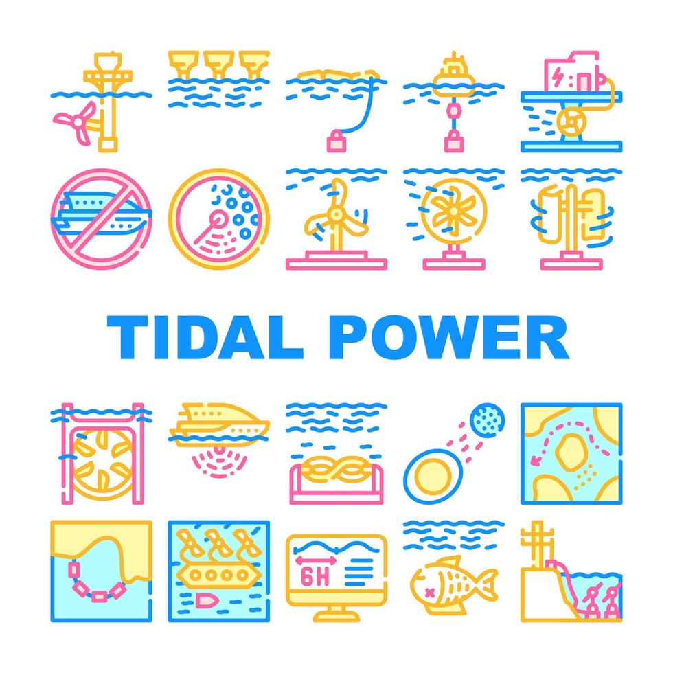 Tidal Power Plant Collection Icons Set Vector
