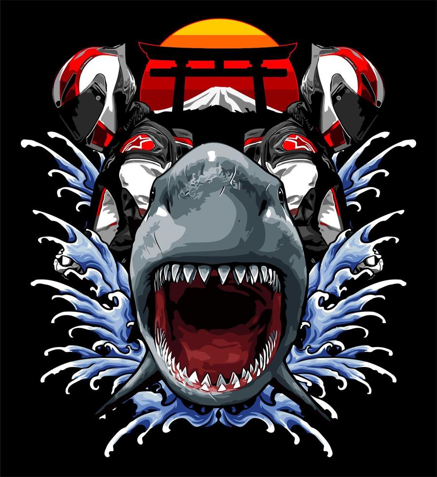 tiburón y motociclista arte japonés ... vector