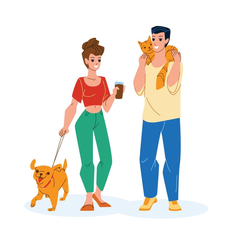 In Park Pet Walking Man And Woman Together Vector