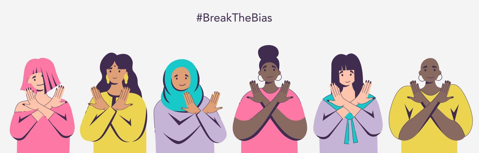 Movement against discrimination inequality, stereotypes. Group of women of different ethnic group muslim, Indian, African, informal. Break the bias. Allyship woman feminism. International woman day. vector