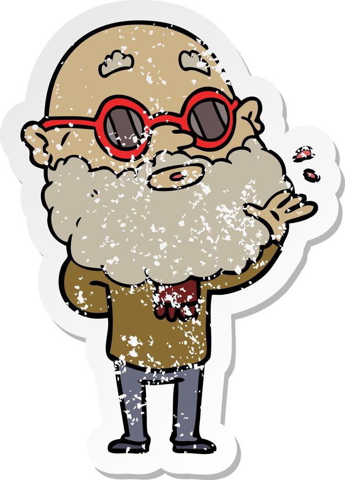 distressed sticker of a cartoon curious man with beard and sunglasses vector