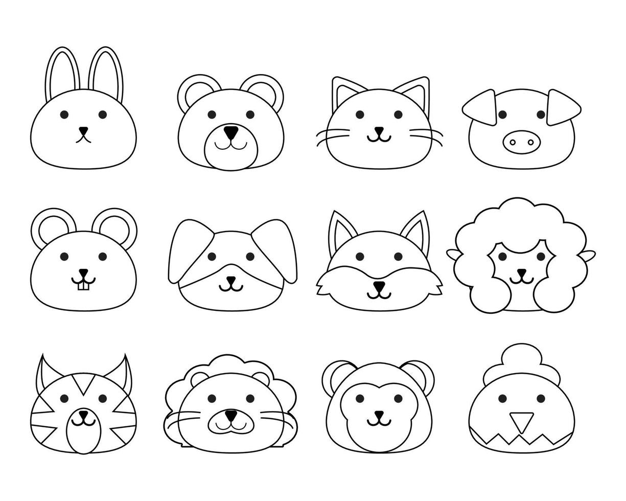 line art cute animal head set vector