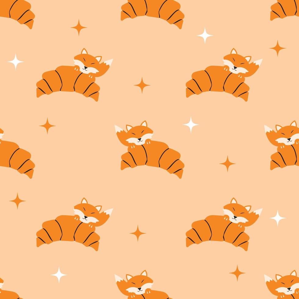 cute fox with croissant seamless pattern or for digital printing in orange color vector