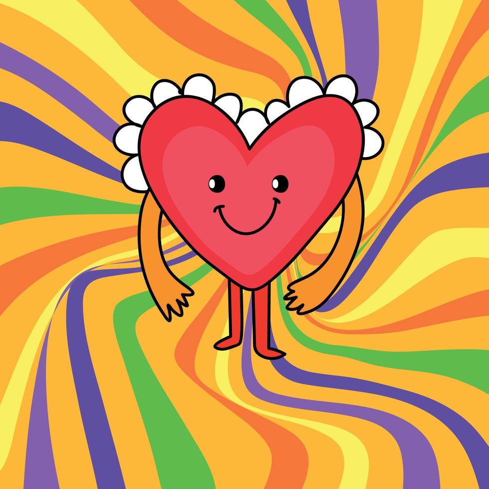 Cool Groovy Retro Hippie Vibes Poster with Psychedelic Dude in Heart Shape vector