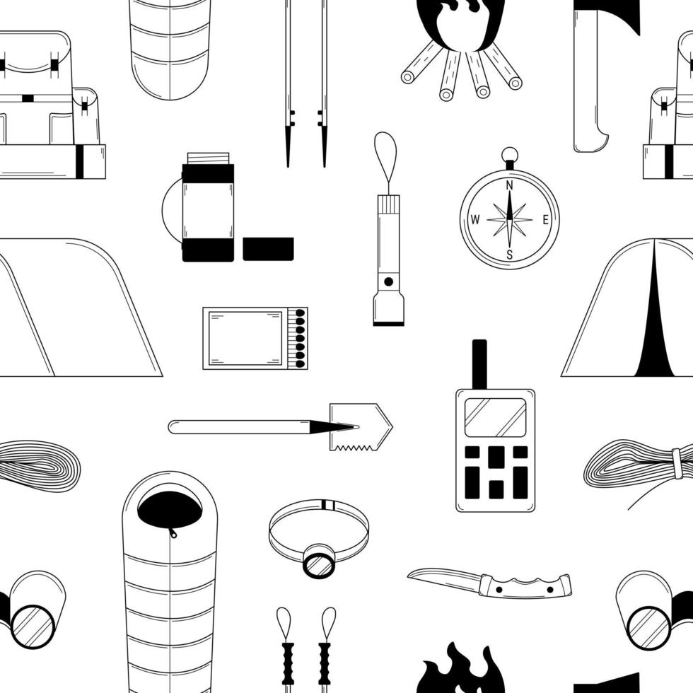 Hand drawn seamless pattern with elements for hiking and camping. Doodle style. Sketch. Vector illustration