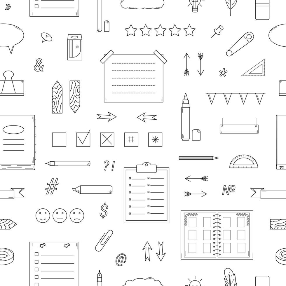 Hand drawn seamless pattern with elements bullet journal. Planner, organizer, diary. Doodle style. Sketch. Vector illustration