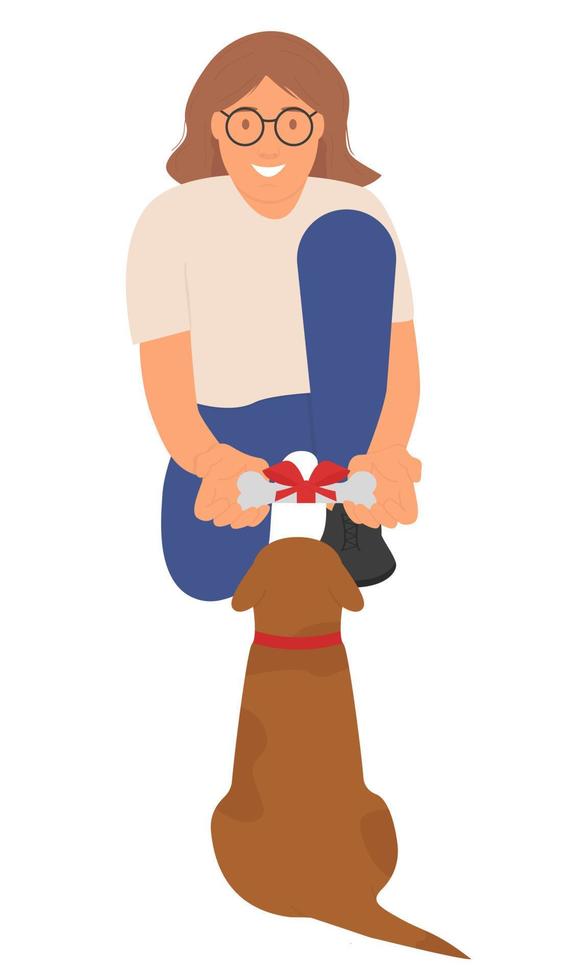 Girl gives a gift to her pet. Bone tied with a gift ribbon for a dog. Concept. Cartoon. Vector illustration