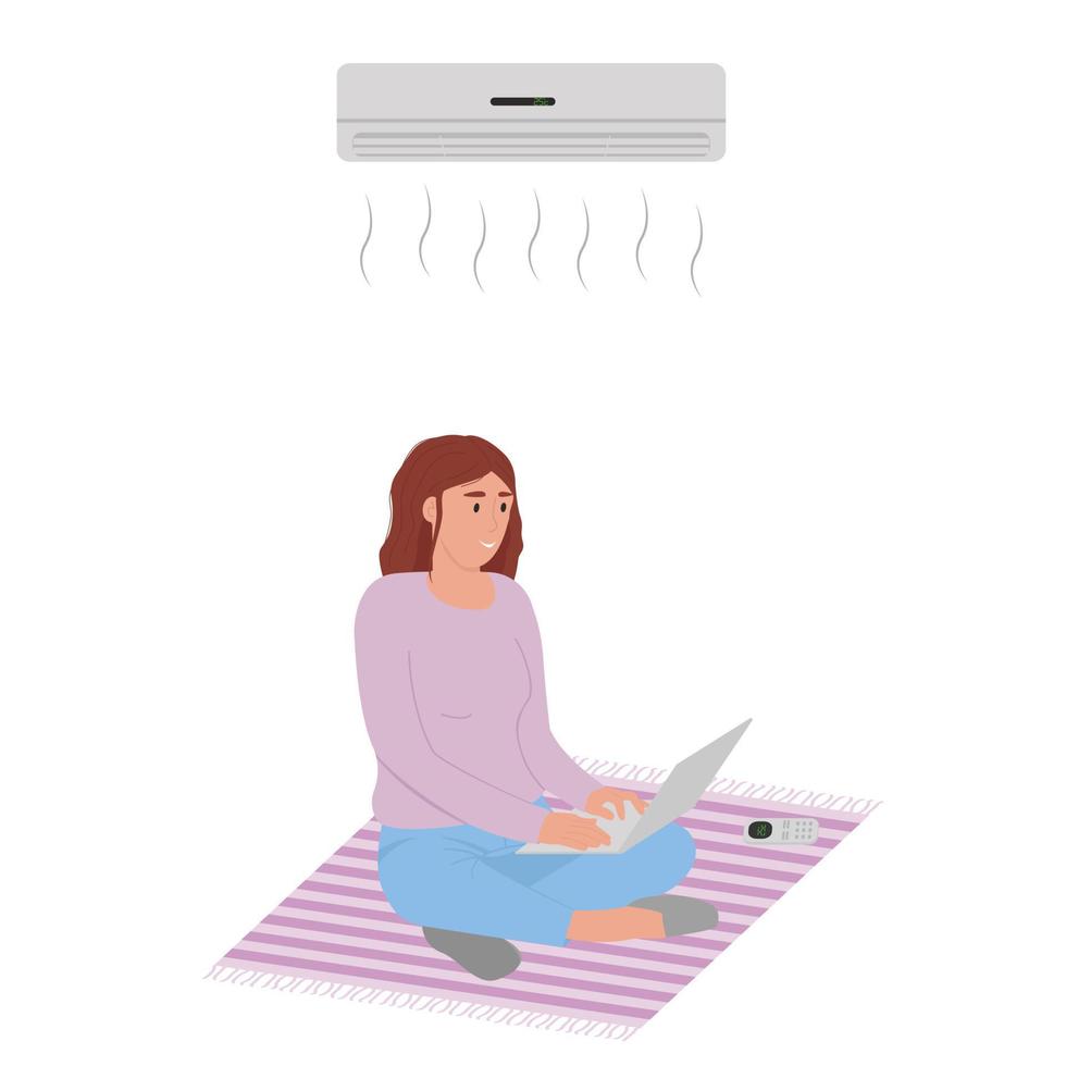 Happy person is working at home on a laptop enjoying the cooling air from the air conditioner. Flat. Vector illustration