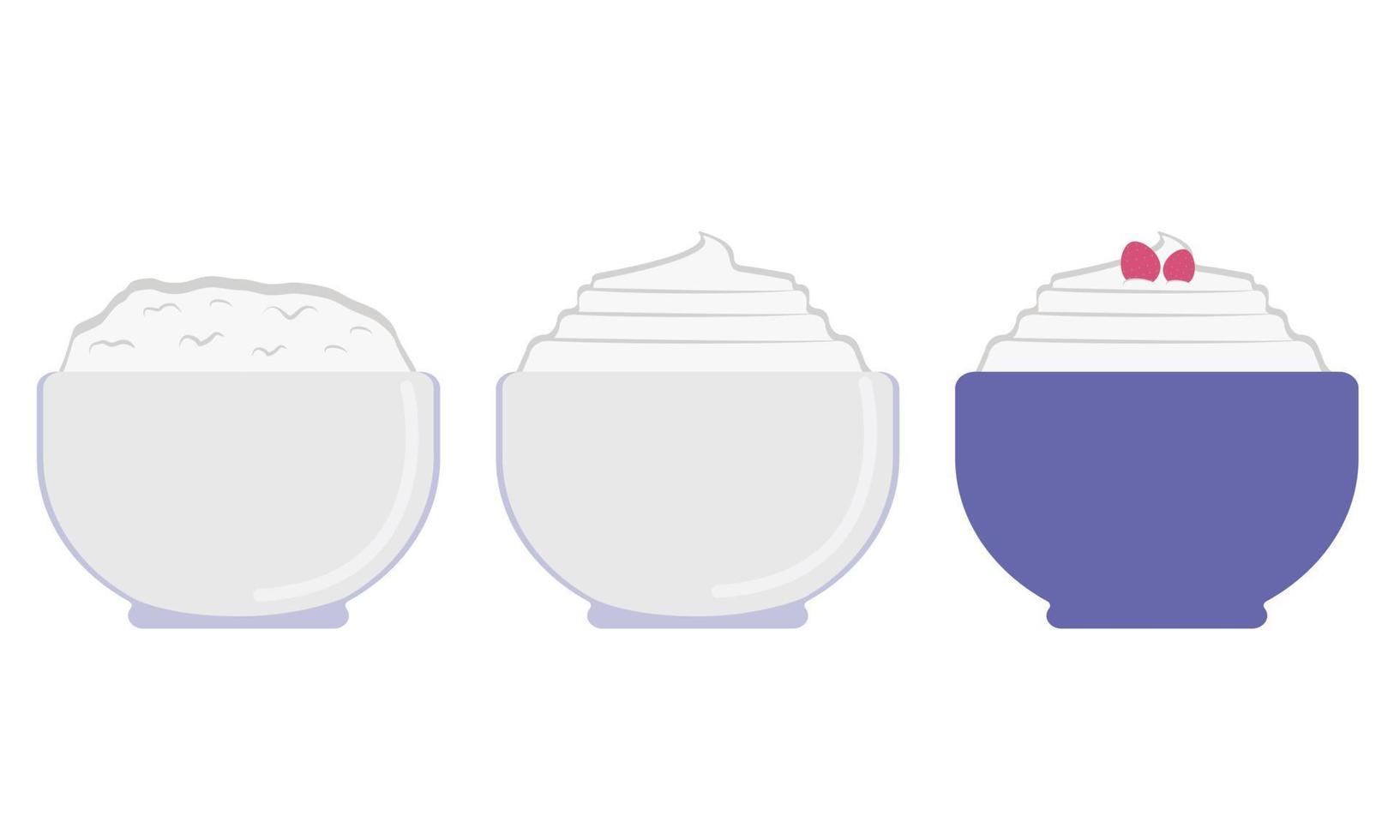 Set of cups with cottage cheese and sour cream with berries. Dairy products rich in calcium. Flat. Vector illustration