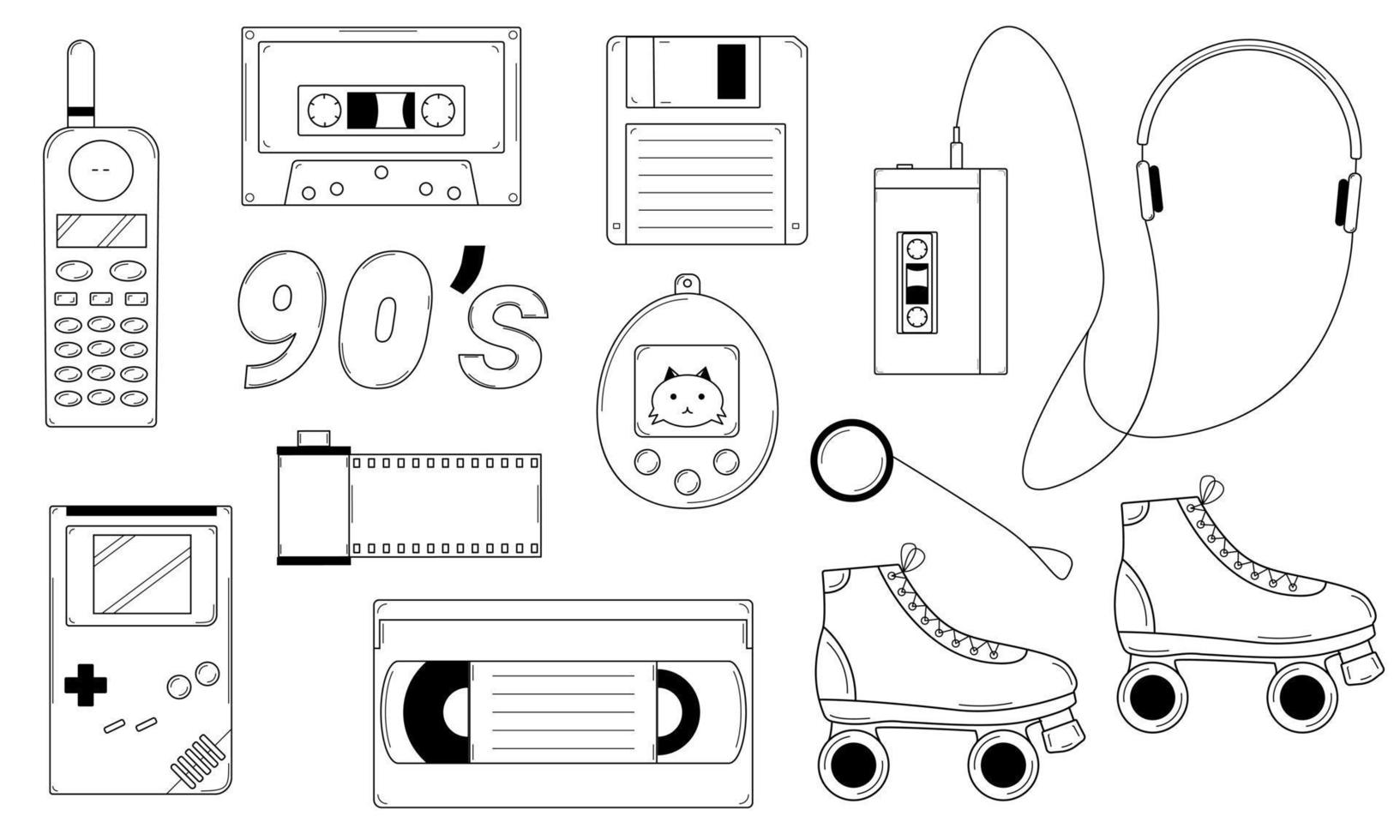 Hand drawn set of classic elements of the 80s, 90s. Retro pop culture items. Doodle style. Sketch. Vector illustration