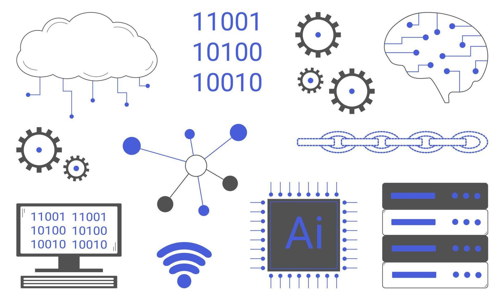 conjunto de elementos de inteligencia artificial. desarrollo de tecnologías para el desarrollo de la ciencia y la educación. estilo plano ilustración vectorial vector