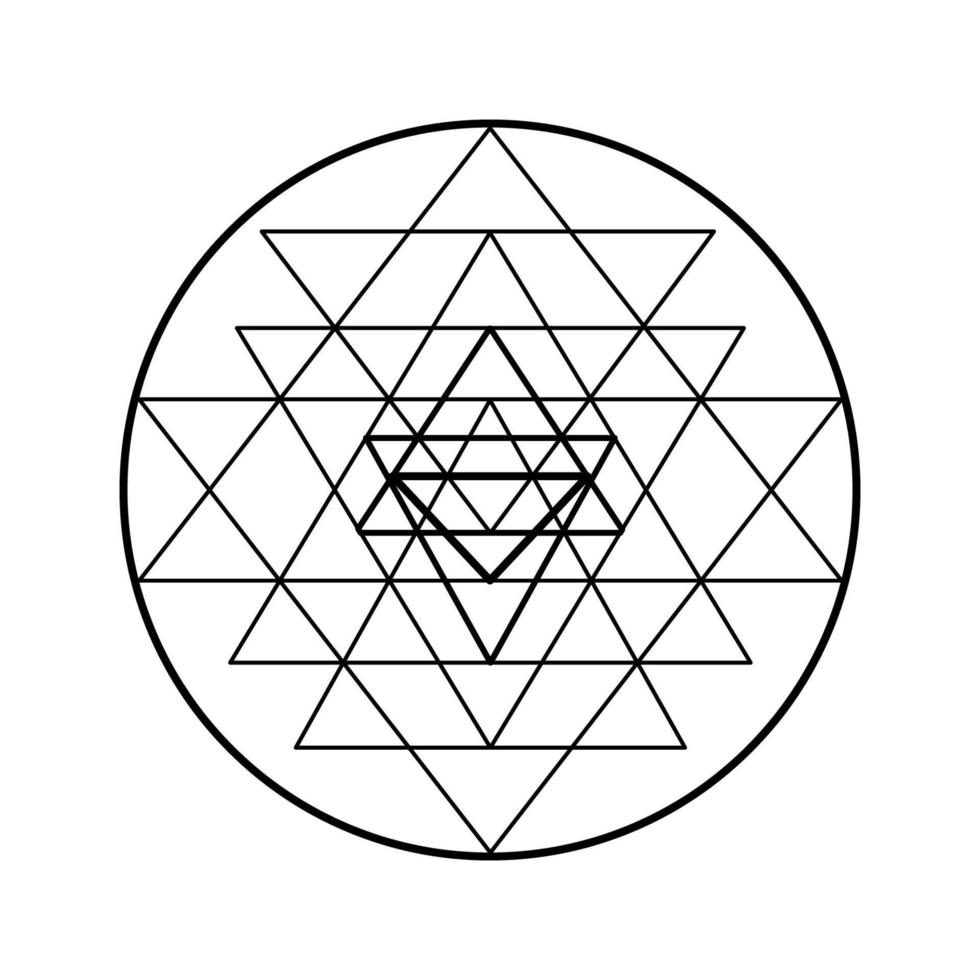 Shri Yantra chakra symbol, cosmic mystical diagram with stars on dark background. Sacred geometry illustration. vector