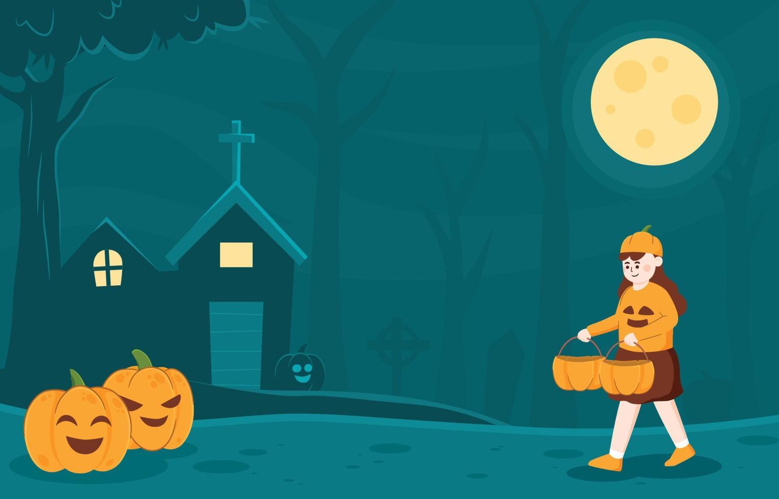 Hand Drawn Kids Walk to Find Pumpkins for Halloween vector