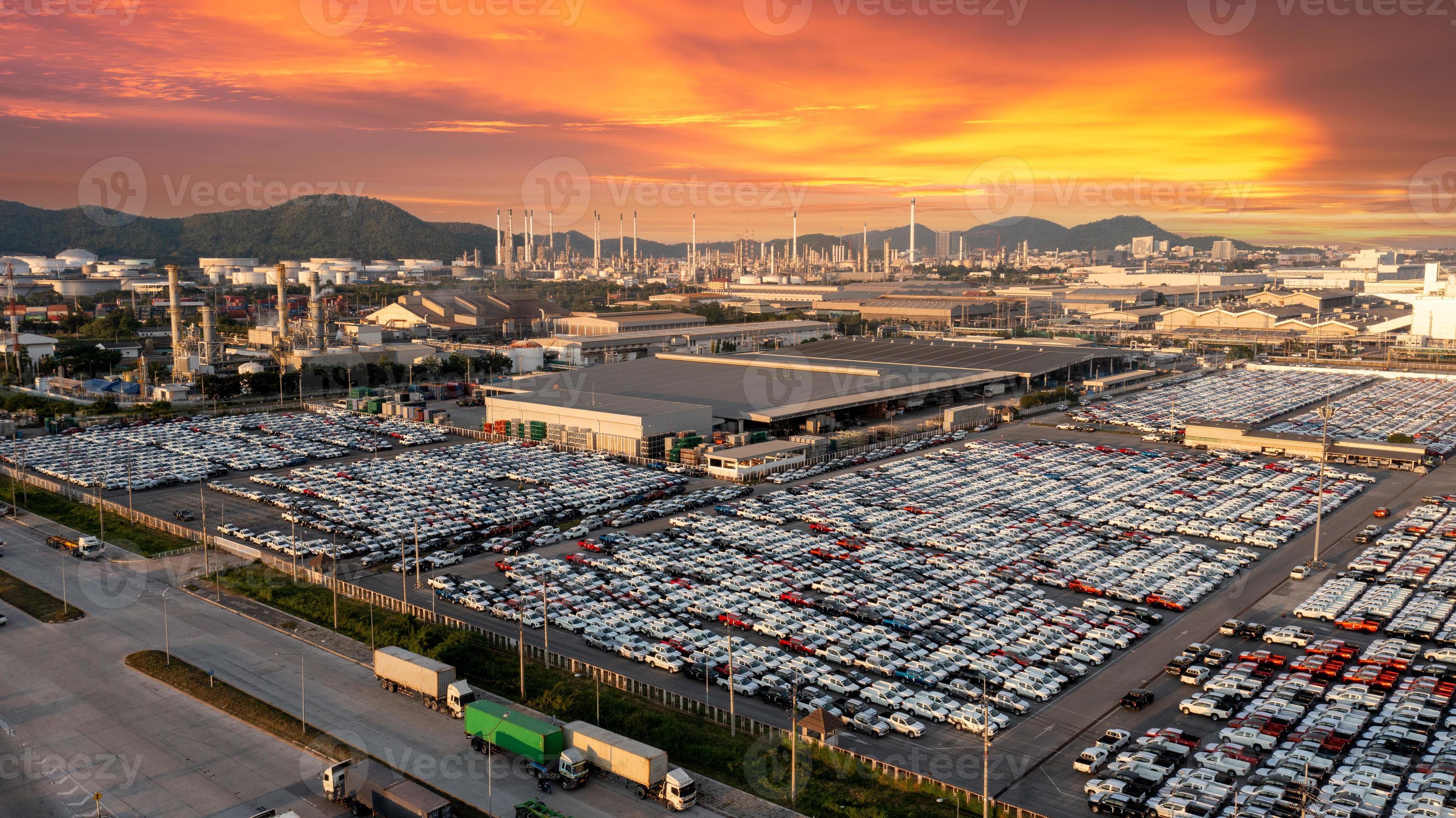 Aerial view a lot of new car for import and export shipping by ship