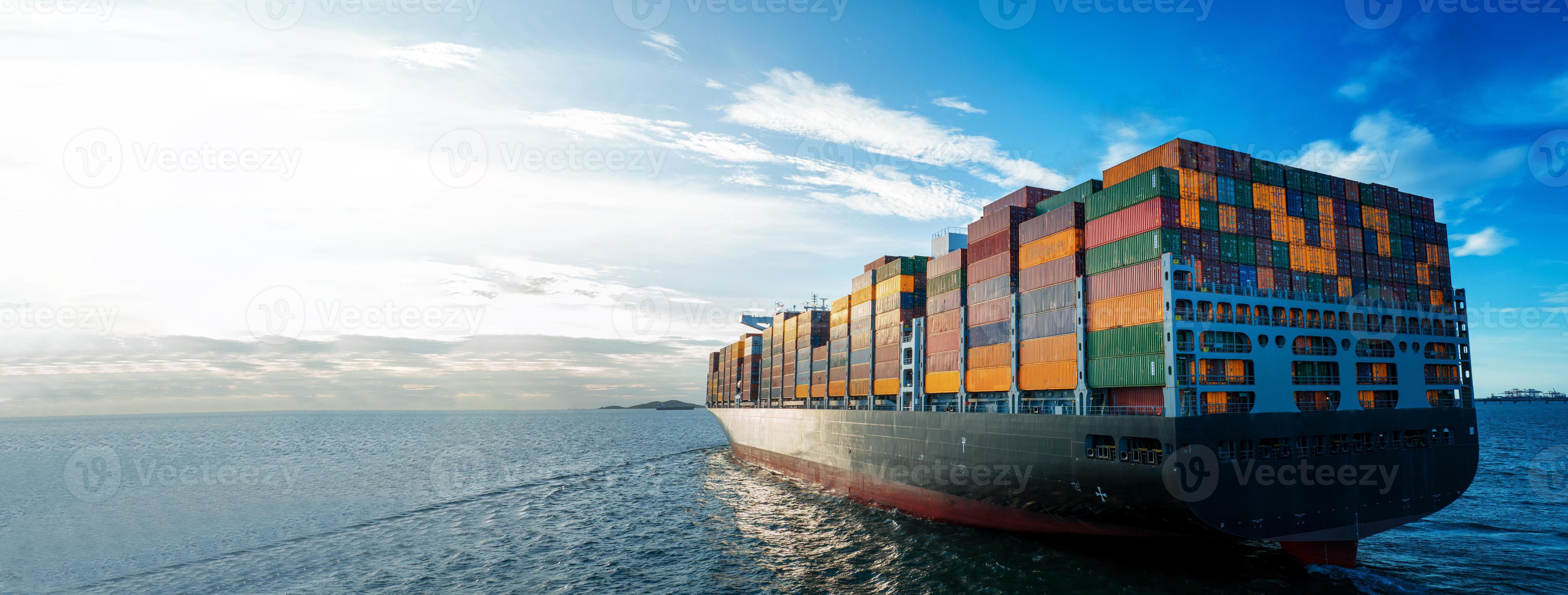 Stern of large cargo ship import export container box on the ocean sea Stern of large cargo ship import export container box on the ocean sea