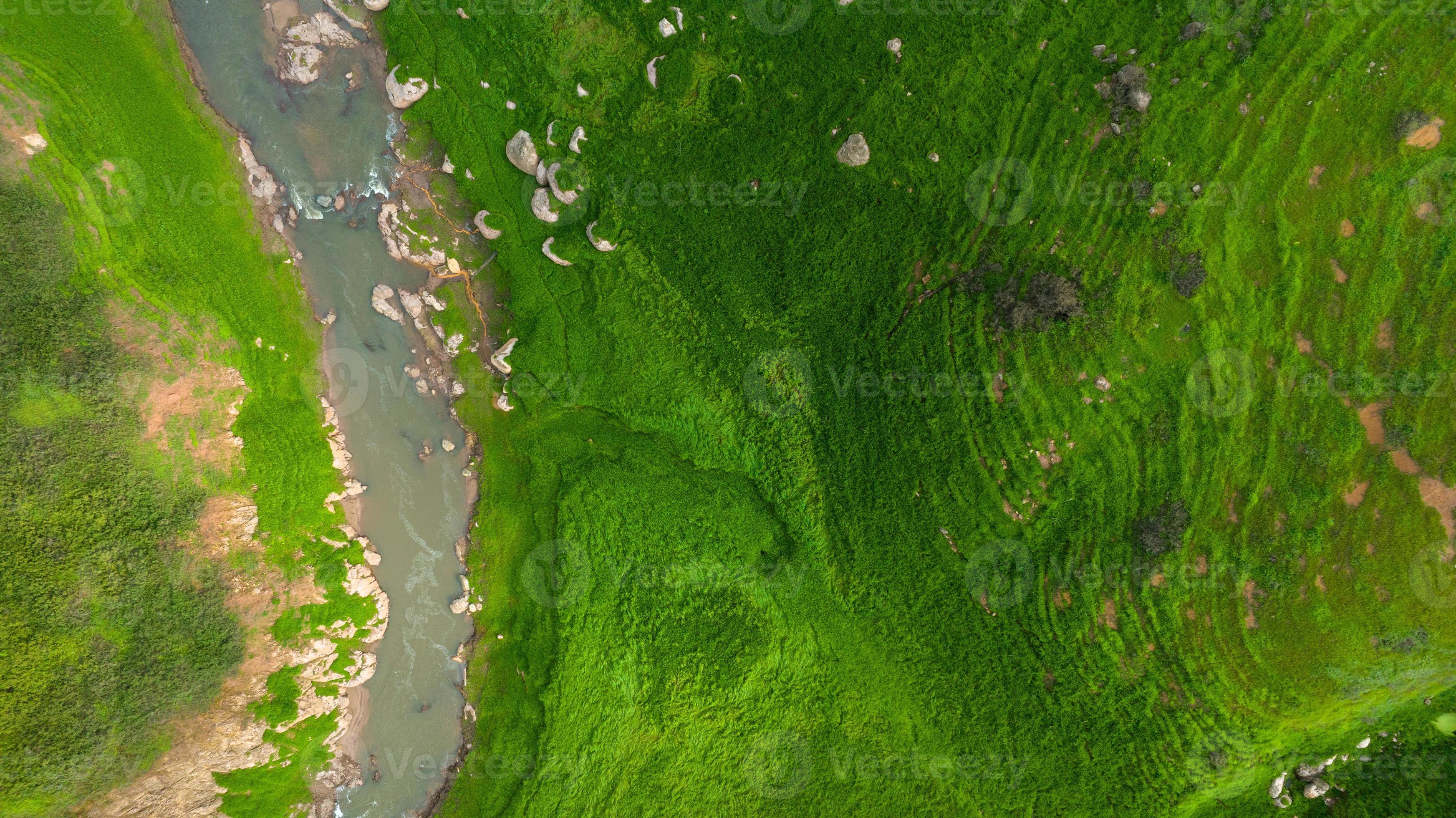 Aerial view of beautiful natural water stream and green field of grass