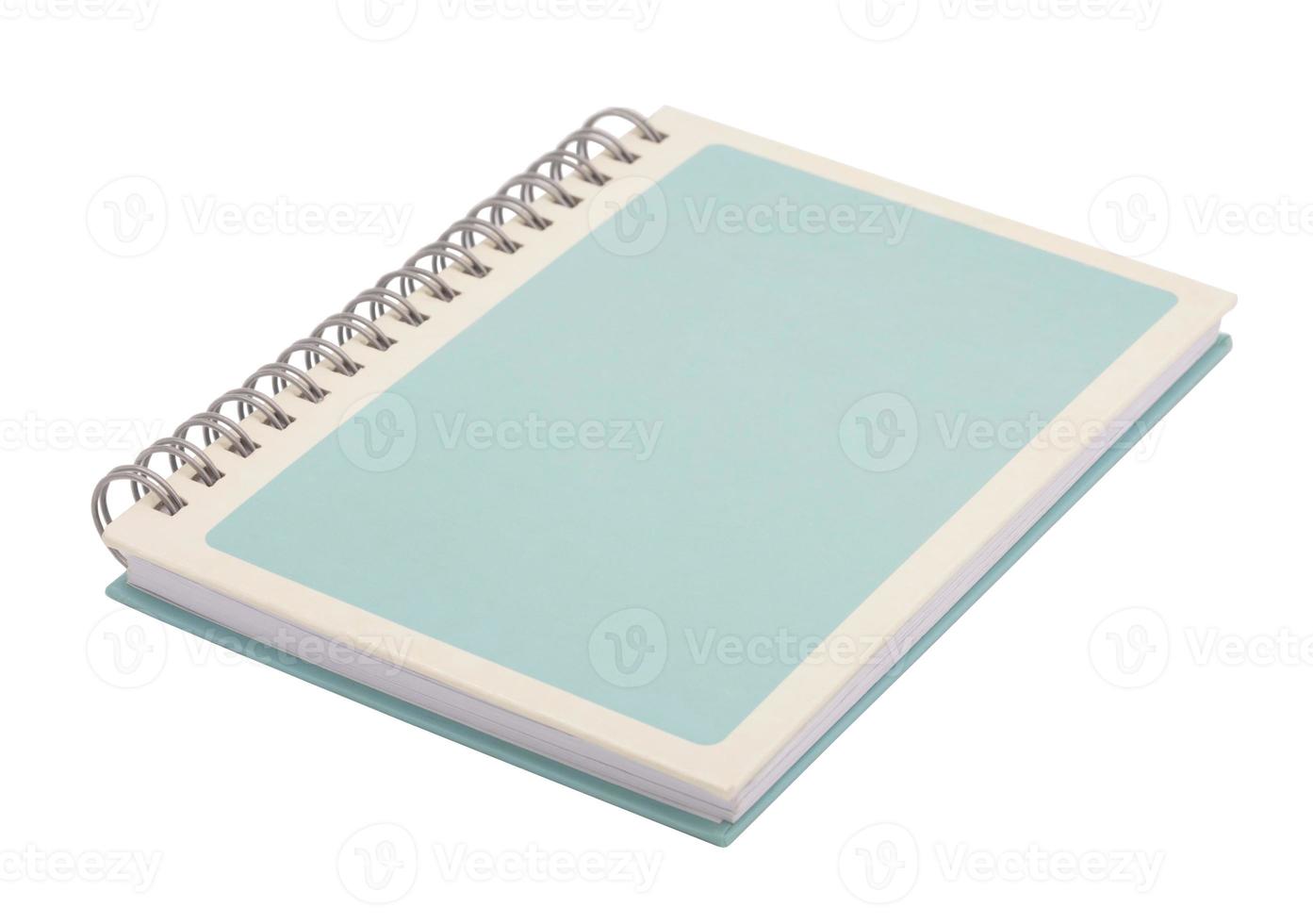 Light blue spiral notebook with white frame on cover page isolated on white background photo